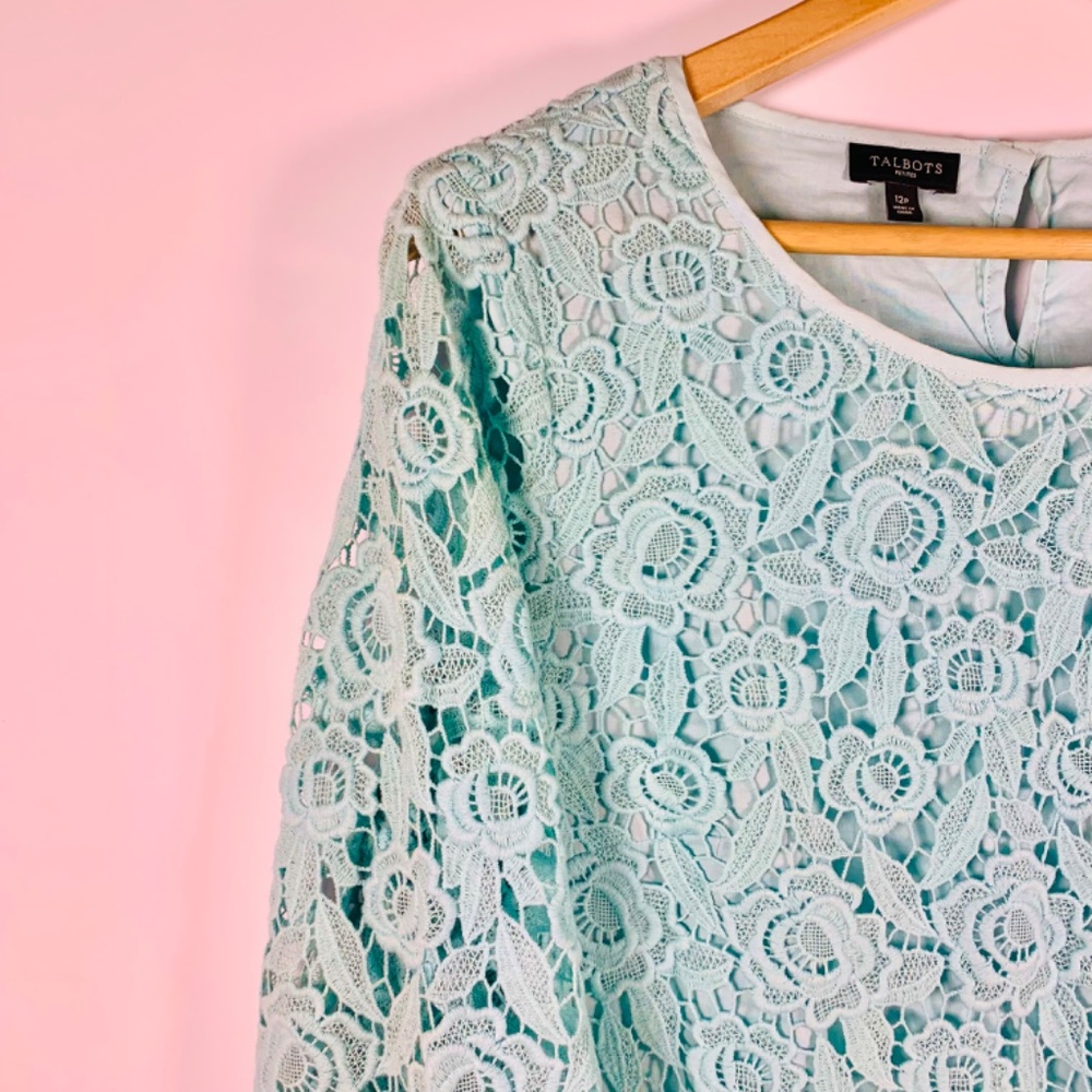 Talbots Spring teal blue/green boho crochet/lace long sleeve blouse cottagecore - Picture 2 of 12